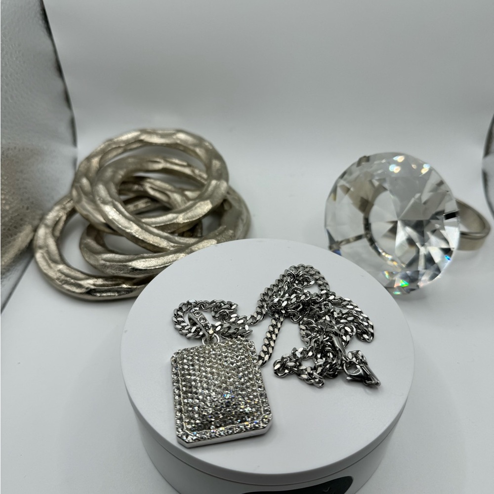 Stainless Steel Thick Chain and Crystal Encrusted Pendant NEW‎